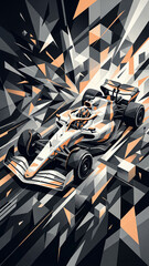 Naklejka premium vertical abstract composition with a formula 1 racing car broken into shards and geometric shapes in a grey and orange color palette design