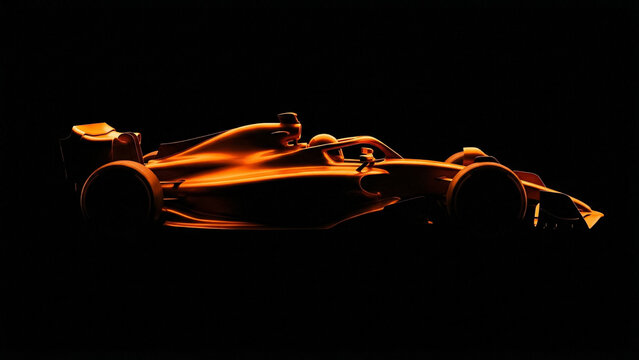 minimalist side profile of formula one car in gold colors on black background with elegant lines and studio lighting