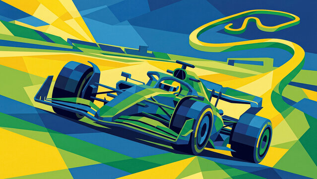 abstract geometric illustration of a racing car in yellow and blue tones depicting movement on the interlagos circuit under the bright sun in a stylish poly art way