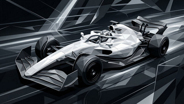minimalist black and white image of a formula 1 racing car in low poly style on a dark background with motion effect and geometric shapes