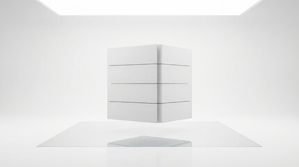 Minimalist Floating White Cuboid Structure Above Reflective Surface