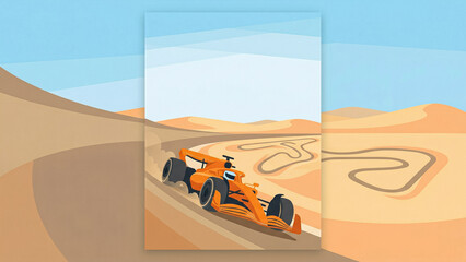 Naklejka premium minimalist illustration of an orange racing car maneuvering among the sand dunes of the desert with a simple style emphasizing the contrast between modern technology and nature