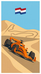 Naklejka premium orange racing car against the background of sand hills with the flag of the netherlands in the sky symbolizing the zandvoort grand prix stage combining national colors and relief