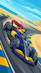 Naklejka premium top view of a racing car in a bright livery entering a sharp turn on the track with a combination of blue yellow and red colors against the background of sand and the sea