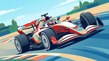 Naklejka premium stylized image of a white and red racing car rapidly passing a turn on a track with an emphasis on speed and the streamlined shapes of the car in a classic racing color scheme