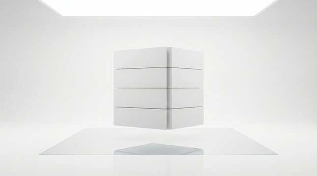 Minimalist Floating White Cuboid Structure Above Reflective Surface
