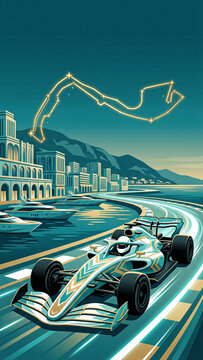 racing car with geometric patterns speeding along a city coastal track at sunset under a constellation of the circuit map with yachts and mountains in background.