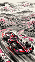 Naklejka premium powerful race car in the foreground with a winding track leading to the foot of mount fuji at suzuka surrounded by falling sakura petals and clouds
