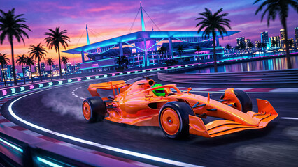 Naklejka premium futuristic orange formula 1 car on a night city track with a modern stadium and palm trees under a purple sunset sky and neon lights in miami