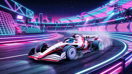 Naklejka premium white and red race car on a neon track in cyberpunk style with glowing stands palm trees and skyscraper silhouettes under a starry night sky in miami