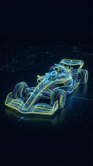 Fototapeta premium futuristic digital grid of a racing car in blue and yellow tones on a dark background with neon lines creating a high-tech image of a concept car for future competitions