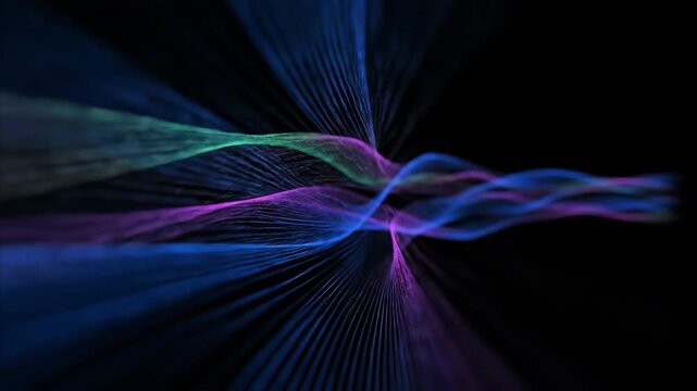 A dark background with blue, green, and pink waves created from lines. The lines converge and create an abstract image