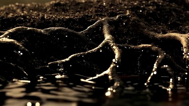Close-up view of wet soil revealing intricate root structures as water flows gently over the surface, showcasing the connection between earth and water in a natural setting