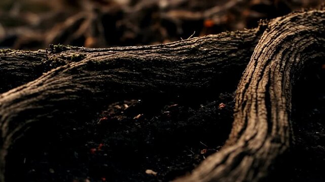 Close-up view of water gently rippling along the shore, revealing textured soil and exposed tree roots in a serene natural environment during golden hour