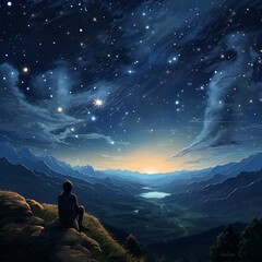 Obraz premium Serene Mountain Vista A Lone Observer Beneath a Starry Expanse at Twilight Hour