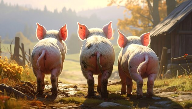 Three pigs walking away on a rural path.