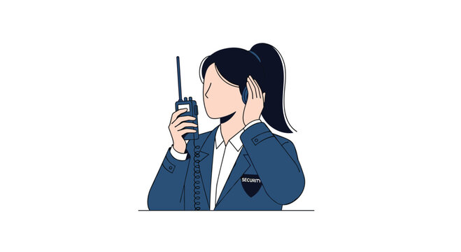 A female security guard with a ponytail holds a walkie-talkie to her ear, wearing a blue uniform jacket with a security badge.