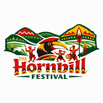 Majestic Hornbill Festival logo with dancing tribes and hornbill bird, capturing Nagaland&rsquo;s grand cultural heritage, unity, dance, and pride through vibrant traditional expression