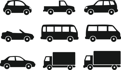 Fototapeta premium Collection of diverse black vehicle silhouettes including cars vans trucks and buses isolated on white