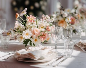 elegant spring wedding table setting with pastel florals linen textures and soft natural light