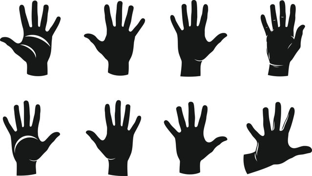 Collection of eight diverse black silhouette hands with fingers spread in various poses and angles isolated on a white background
