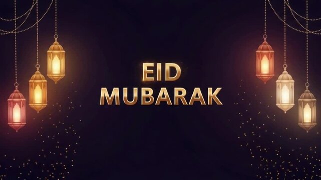 Eid Mubarak Luxury Greeting: Golden Typography with Hanging Lanterns