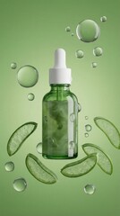 Skincare serum bottle with dropper surrounded by aloe slices and water droplets