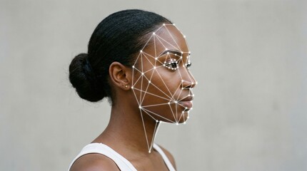 Woman with facial recognition mesh overlay in profile against neutral background