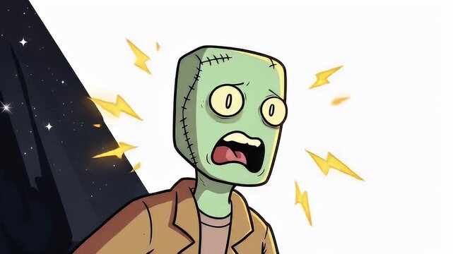 Scared cartoon monster with stitches and lightning bolts against starry space background