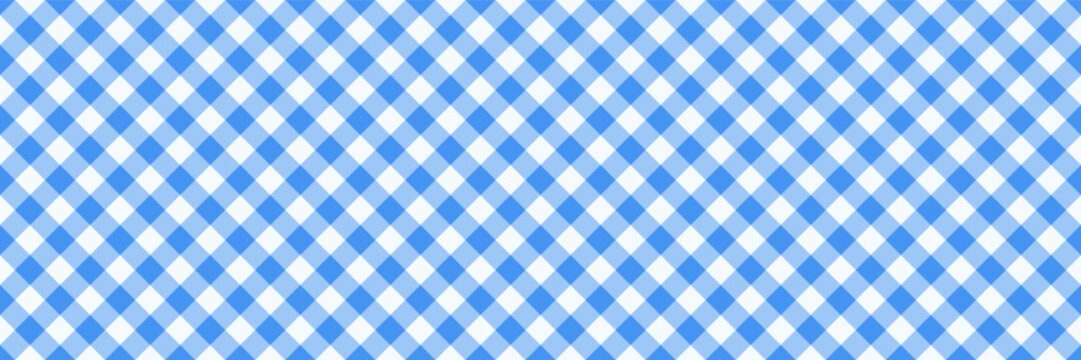Gingham pattern, blue seamless checkered tablecloth. Diagonal tartan cloth, kitchen towel, picnic plaid, baby blanket. Abstract background with diamonds. Blue vichy fabric texture, vector illustration