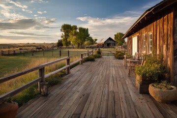 Obraz premium Exterior shot of a horse ranch with a large wooden deck and grazing horses