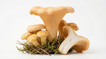 Chanterelle mushrooms arranged on moss and pine needles with white background
