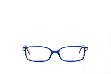 Front view of a pair of glasses with blue plastic frames isolated on a plain white background. Copy space.