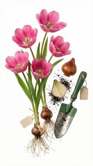 Pink tulips with bulbs and garden trowel arranged for planting concept