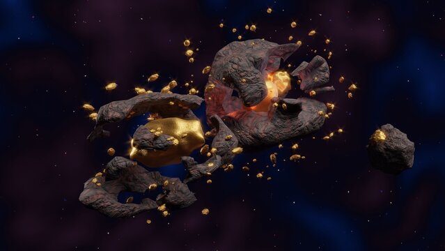 Asteroid mining. Asteroid surrounded and containing gold and silver. Celestial object with precious metals in space. 3d render illustration