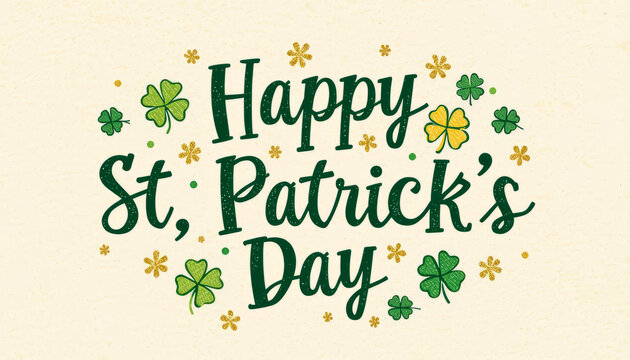 Elegant script typography proudly displays the festive greeting Happy St. Patrick's Day surrounded by delicate green shamrocks and small golden star accents.