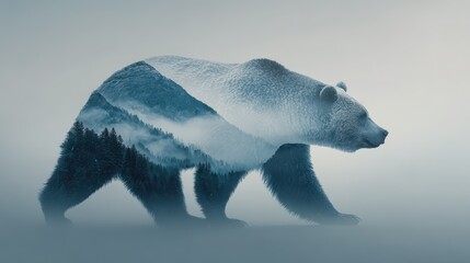 Fototapeta premium Serene bear figure dissolving into misty mountains in a quiet, minimal abstract scene