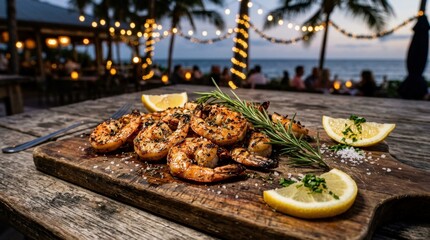 Grilled shrimp on wooden board with lemon wedges and rosemary at seaside