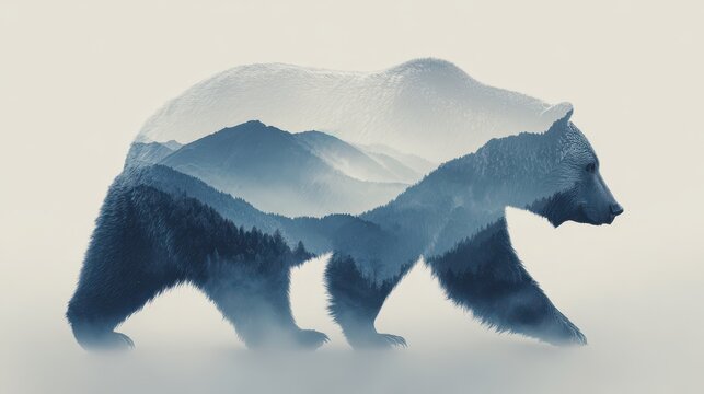 Minimal double-exposure bear silhouette merging with misty mountains in cool blue-gray tones