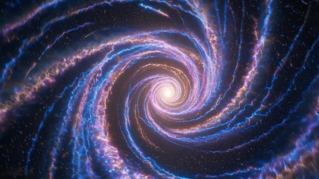 Swirling galaxy spiral draws viewer inward. Nebula arms twist around star cluster in sweeping spiral. Electric vortex swirl radiates cosmic dust and glowing particle stream. Deep universe center.