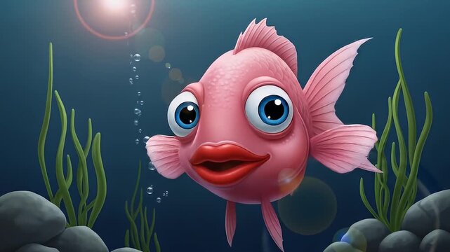 Cartoon-style pink fish with big eyes and red lips swims in a blue underwater scene