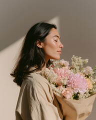 Fototapeta premium Woman in side profile holding a bouquet of pink and white flowers wrapped in brown paper, soft lighting highlighting her features against a neutral background