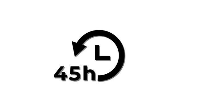 Abstract 45 hours clock with circle arrow animated. Clock timer, time passage waiting time animation icon. Stopwatch animated icon clock with moving arrows simple animation with white background.