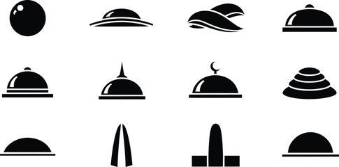 A set of twelve black minimalist icons featuring various dome shapes and restaurant cloches © Simu Store