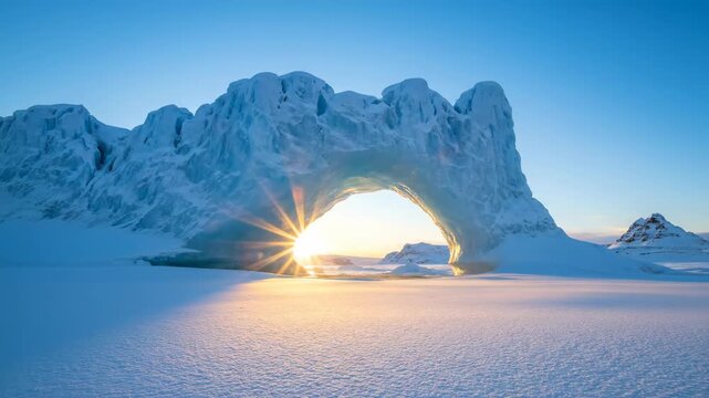 A magnificent ice arch carved by nature, framed by the sun's radiant rays, illuminating the icy landscape