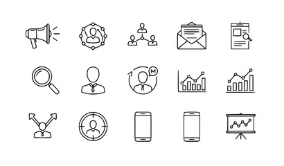 A set of minimalist line art icons representing business and communication concepts