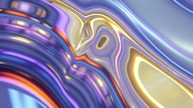 Vibrant abstract 3D background dynamic liquid chrome shapes morphing slow motion, reflective metallic geometry bending folding fluid metal, iridescent gradient light waves flowing surface, smooth