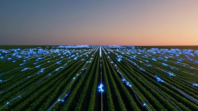 Drone light map over crop field. Aerial view shows neat row pattern across farm at sunset. Blue light trails track plant line and technology grid across agriculture expanse. Calm sky meets crop