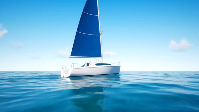 A white sailboat with a blue sail, set on a bright blue ocean under a clear, cloudless sky