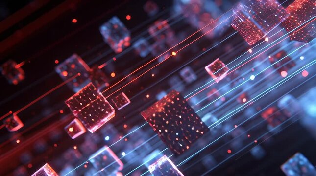 Macro cinematic flythrough inside modular translucent data blocks connected glowing fiber optic lines, futuristic blockchain network structure, red malicious code flowing liquid energy connections